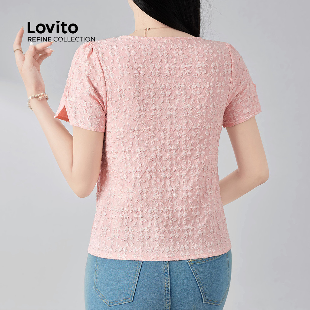 Detalhes do Lovito Refine Blusa Feminina Jacquard Elegante com Fenda Primavera Verão Rosa LR21E108