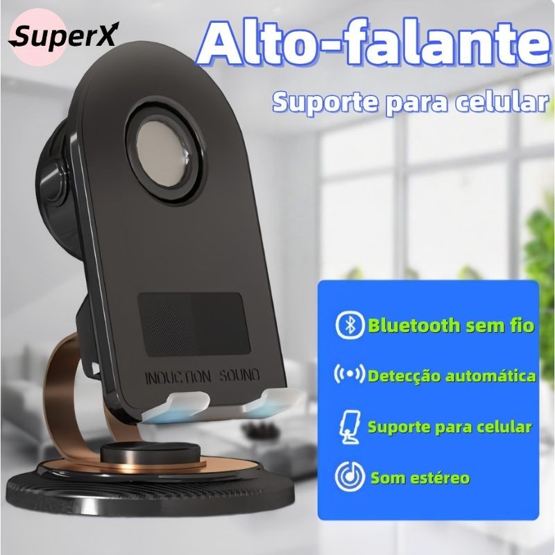 Suporte de mesa para celular com transmissão de áudio sem fio, alto-falante integrado e giro completo 360°