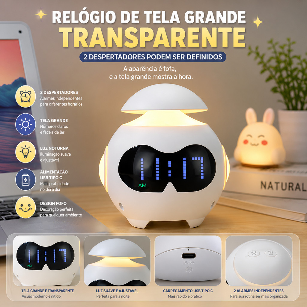 Relógio Digital Emoji Bluetooth com Luz Noturna Despertador e Caixa de Som Branco Rosa Azul