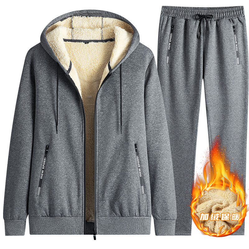 Inverno Plus Size cordeiro velo moletom com capuz um conjunto calças esportivas casuais masculinas forro de lã engrossad