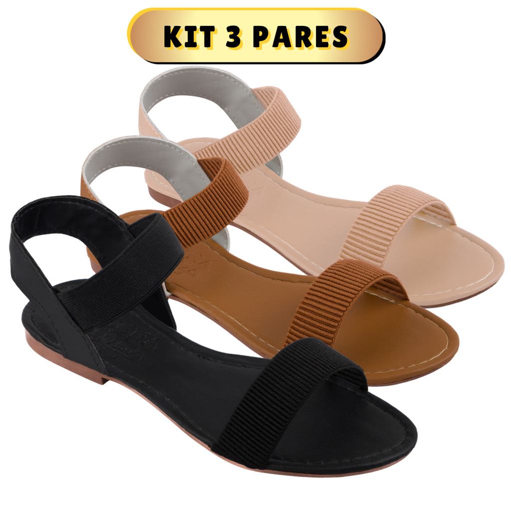Sandália Feminina Rasteirinha Rasteira Feminina Kit 3 Pares Confortável Tiras Calcanhar Elástico