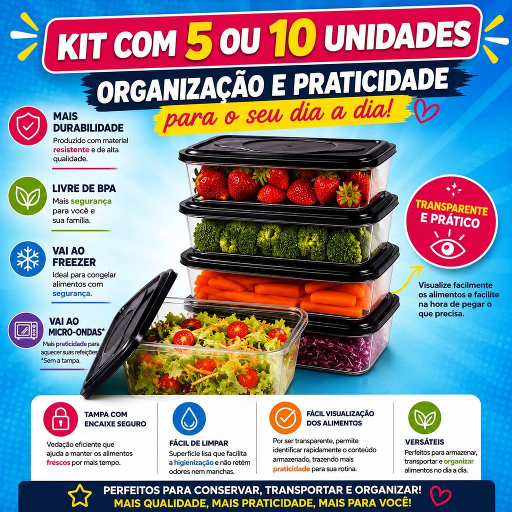 Kit 5 ou 10 potes de 1 litro hermético transparente mantimento marmita cozinha organizada resistente