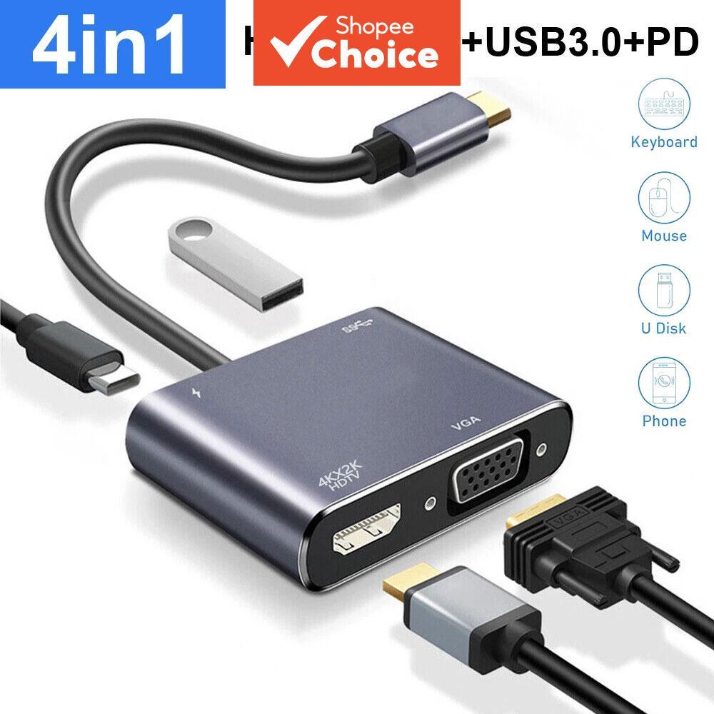 Adaptador VGA para USB-C 4 em 1 Hub Conversor Multiporta HDMI VGA 4K 60Hz para Laptop/PC