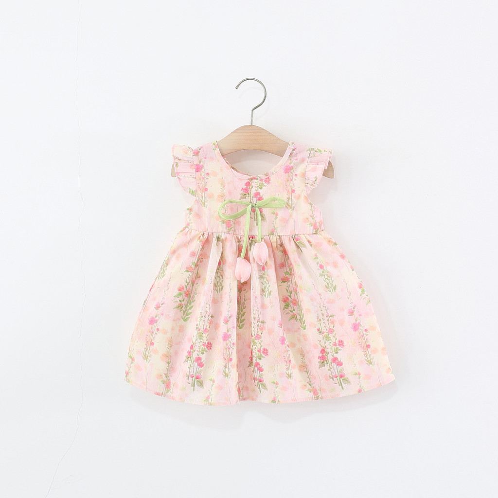 Vestido Estampado De Tulipa Rosa Para Menina Vento Fresco Com Design De Mangas Voadoras Pequenas Viagens De Verão Do Beb