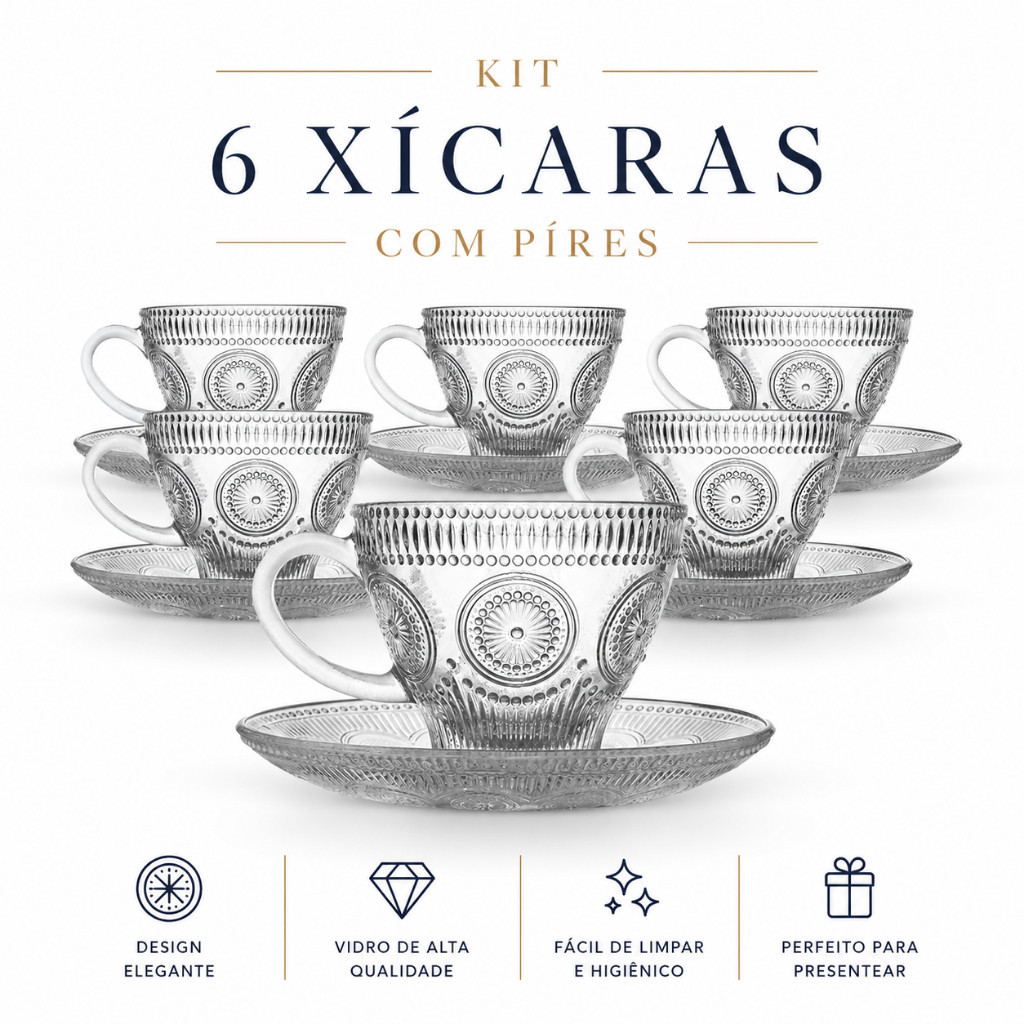 Jogo de Xícara com Pires 12 Peças Cafe e Cha Transparente Vidro 220ml Decorada Luxo