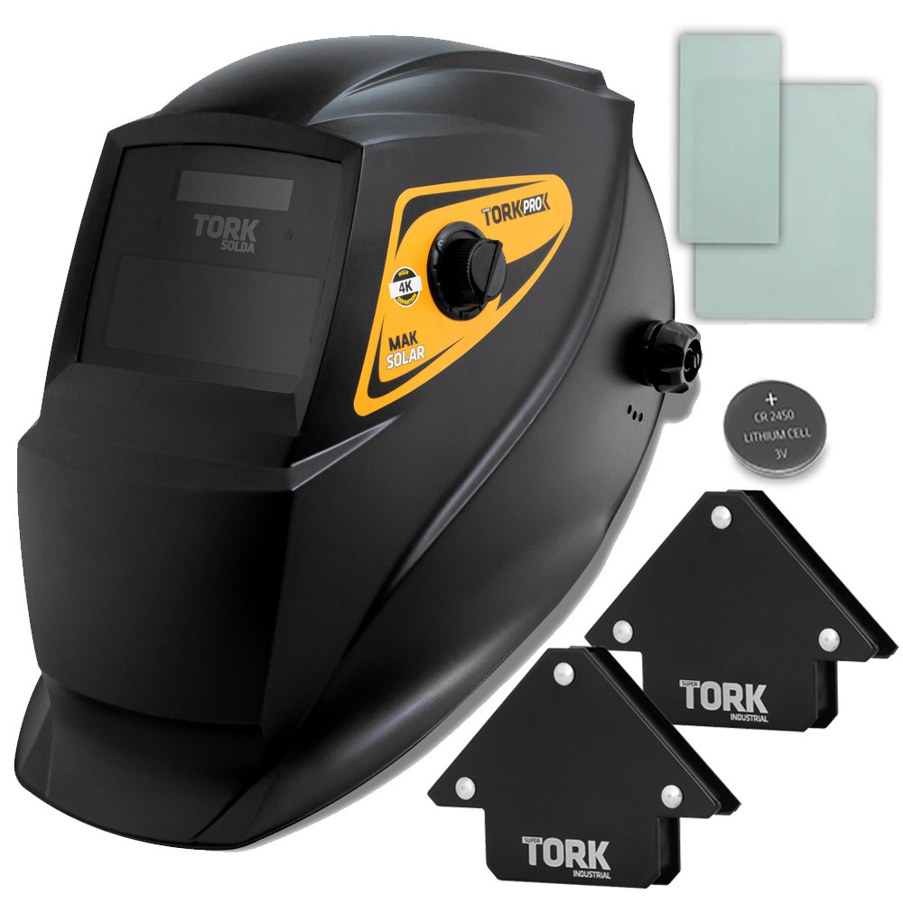 Máscara de Solda Mak Solar 4k Din13 Visor 90x35 + 2 Esquadros 12kg Super Tork