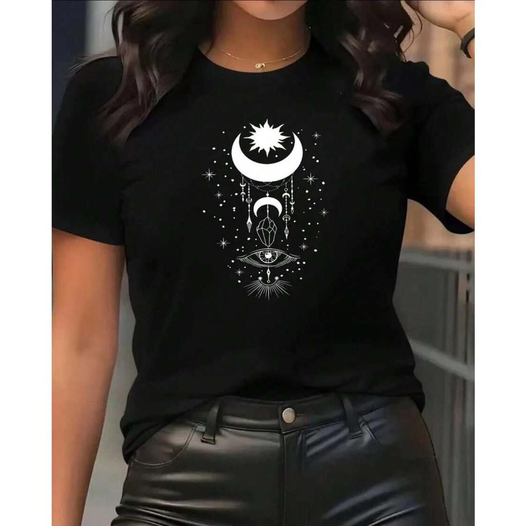 Camiseta Feminina 100% algodão casual unissex estampa "Luas" gola redonda manga curta tendencia modelo verão confortável