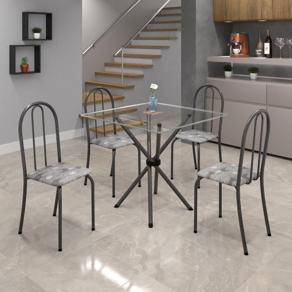 Conjunto de Mesa Tubular 70x70cm Tampo de Vidro com 4 Cadeiras Ane B Prata/Paraopeba/Martelado/Incolor