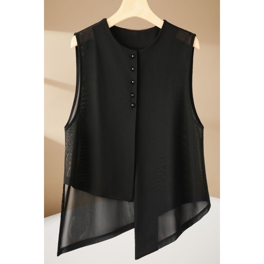 Novo estilo chinês estilo chinês colete Irregular moda gaze sem mangas superior estilo fino protetor solar colete#新中式国风马