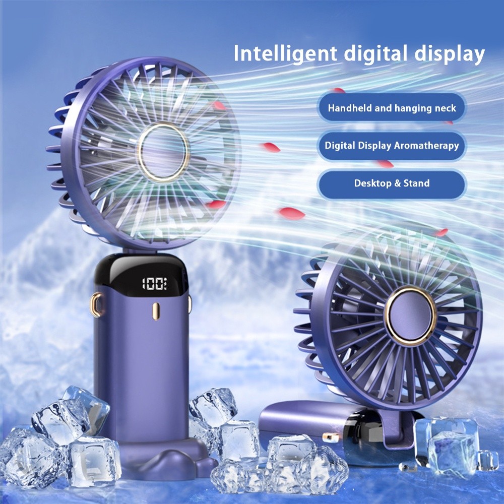 Ventilador Portátil Dobrável, Mini Ventilador USB de 5 Velocidades, Recarregável, com Suporte para Pescoço e Display