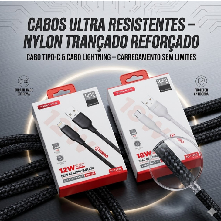 Cabo Carregador Turbo USB Tipo C ou IOS Reforçado 1 Metro Carregamento Rápido Android ou Iphone — imagem 2 de 2