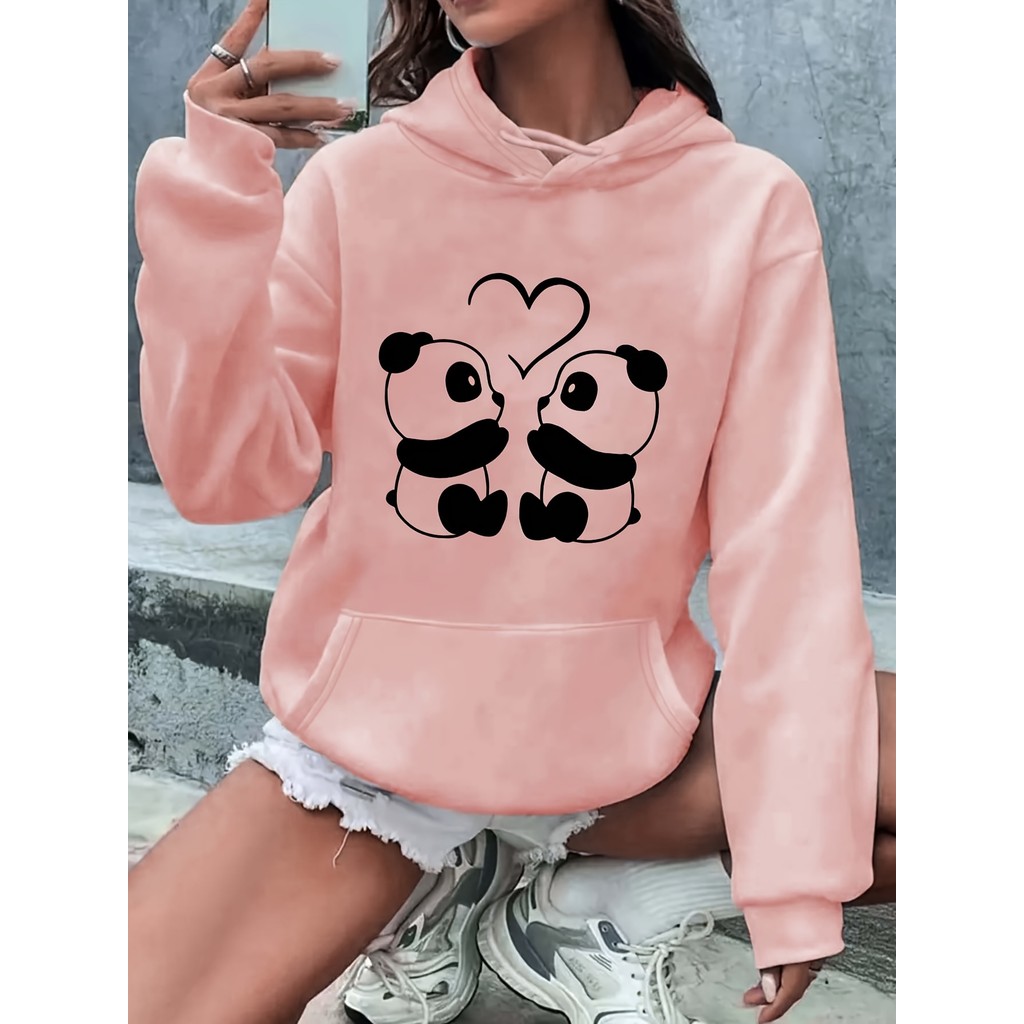 Moletom  Feminino Canguru Com Capuz Estampado Panda , Com Bolso Canguru Com Cordão Confortável
