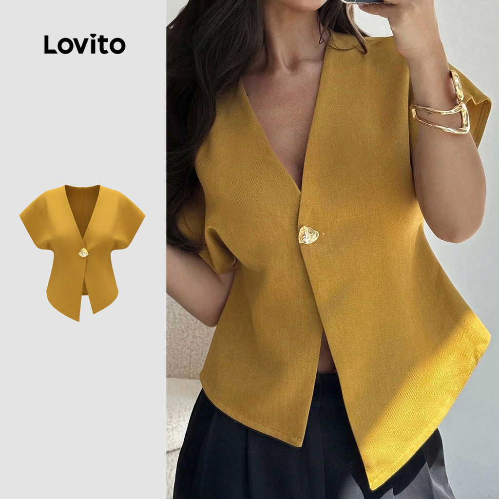 Lovito Blazer Elegante de Metal Botão Primavera/verão Blazer de Cúrcuma para mul