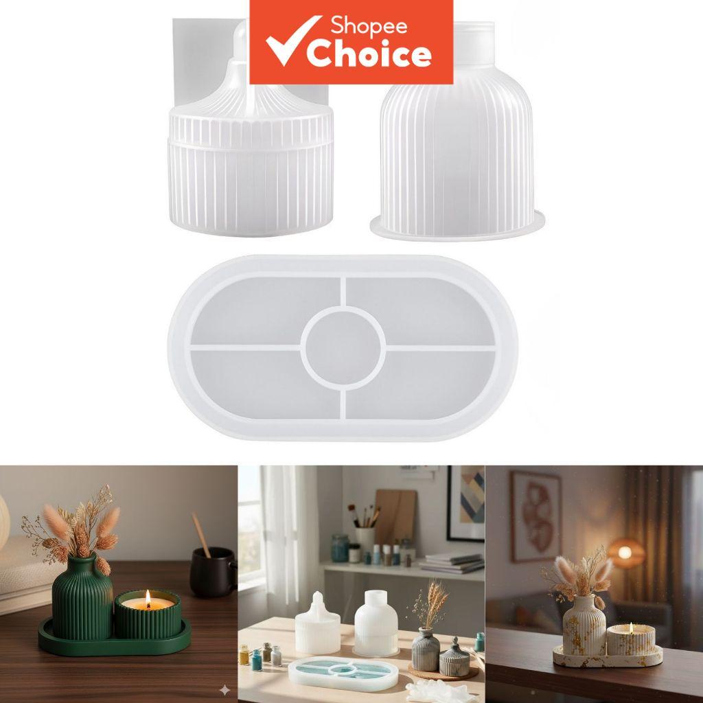 Caixa de Armazenamento de Bandeja Oval de 3 Peças, Conjunto de Vaso Decorativo, Molde de Resina de Gesso DIY, Conjunto