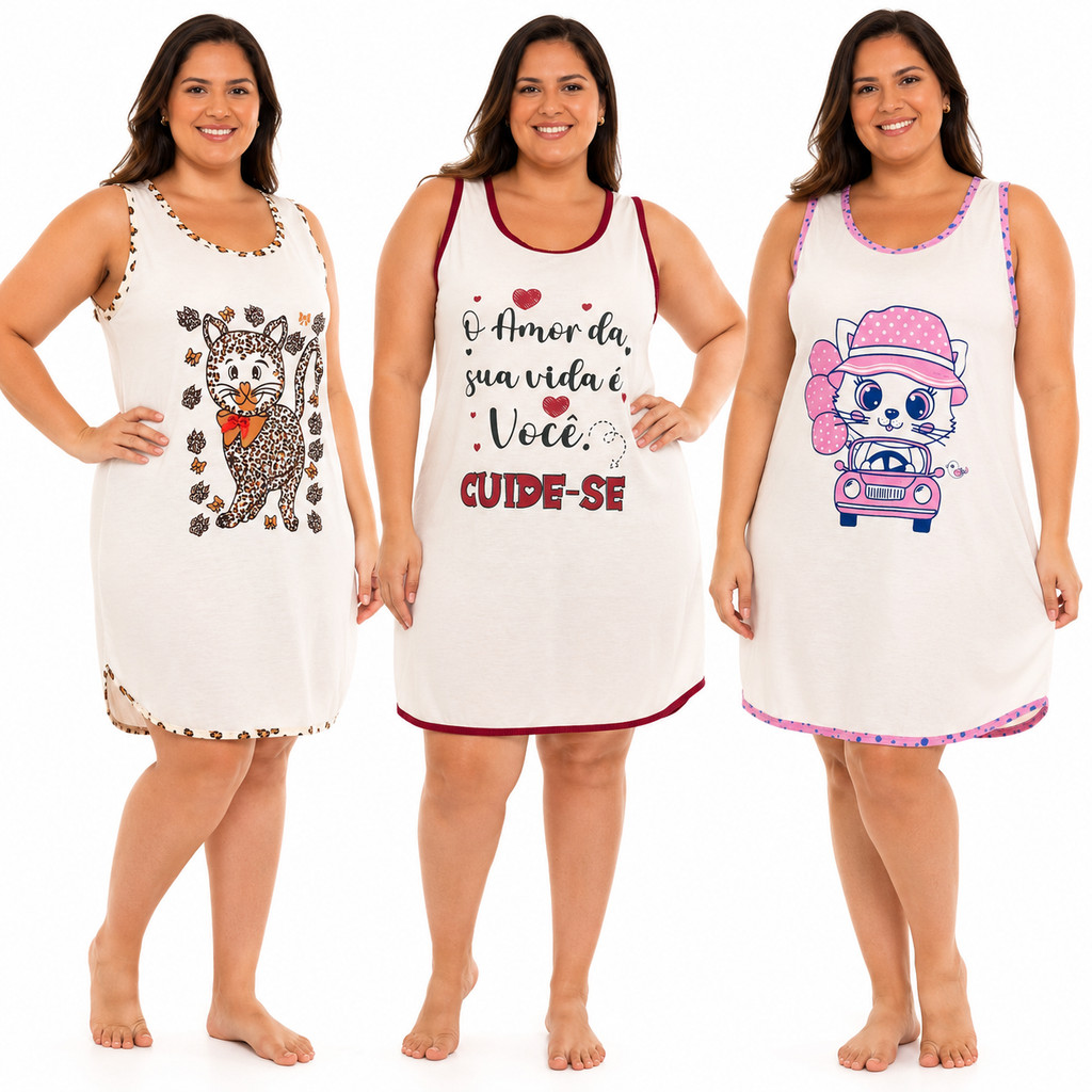 Pijama Plus Size Camisola Malha Algodão Premium Confortável Semelhante Feminino