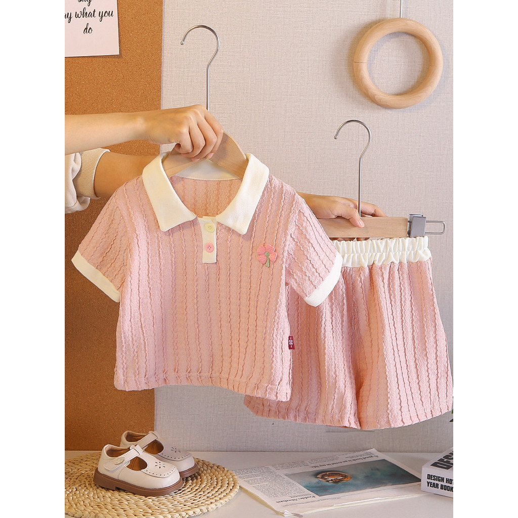 Meninas verão estilo ocidental lapela gola polo fino terno de manga curta bebê verão moda crianças roupas do bebê crianç