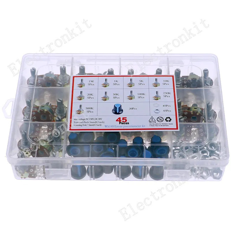 Kit de 45 peças de potenciômetros estéreo de dupla saída Wh148 de 6 pinos, 1k 5k 10k 20k 50k 100k 250k 500k 1M, com botõ