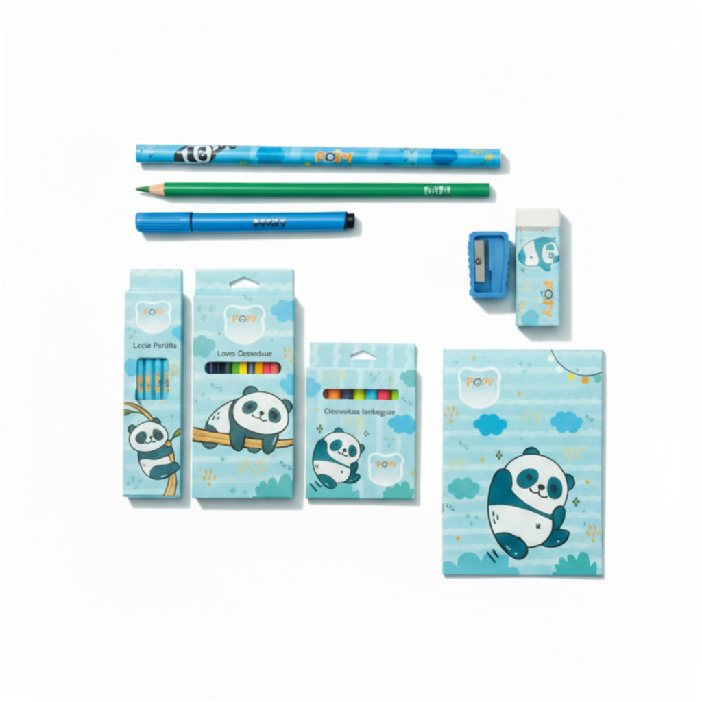 Kit Artístico Panda Fofo 29 Peças Lápis Canetinhas Caderno Escolar Completo Volta Às Aulas Fofy