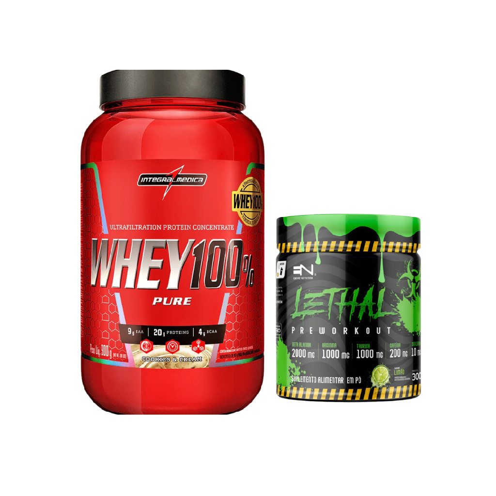 Kit Whey 100% Pure Integralmédica 900g Cookies + Pré Treino Lethal 300g Limão