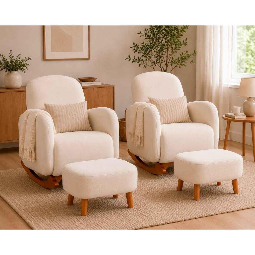 2 Poltronas Orgânica Balanço Amamentação Com Puff Boucle + 2 Puff Apoio Pés, Bege e Cinza