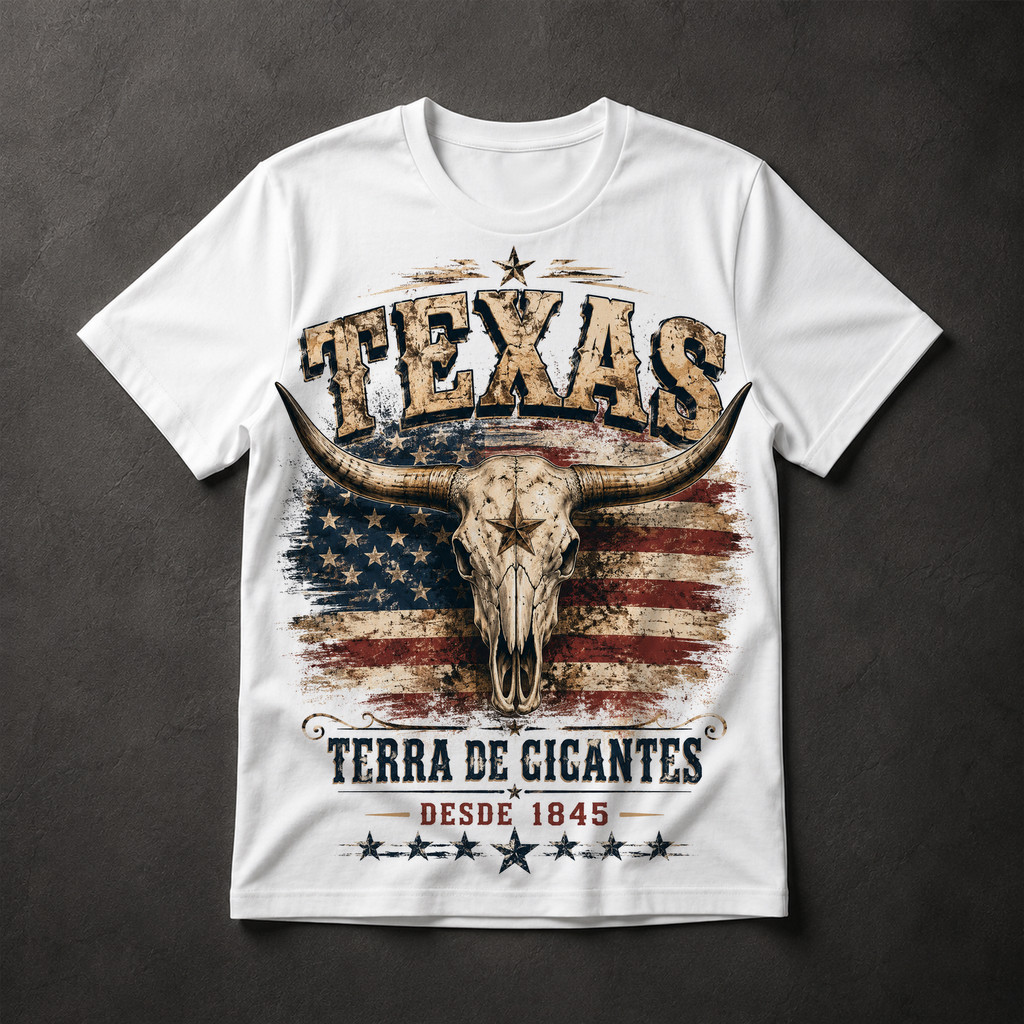 Camiseta Texas Longhorn Caveira Country Western Bandeira Americana Masculina Vintage