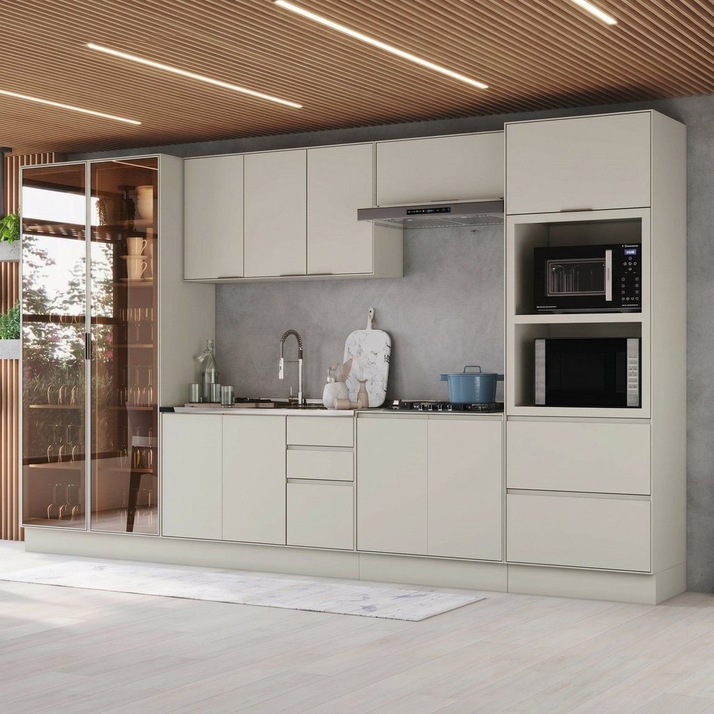 Cozinha Completa 7 Peças 100% MDF com Cristaleiras 2 Portas e Torre Quente 2 Fornos Fineze