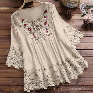 Mulheres Camisa Plus Size Casual Magro Retro Chiffon Imprimir 053 NS0H DSAR