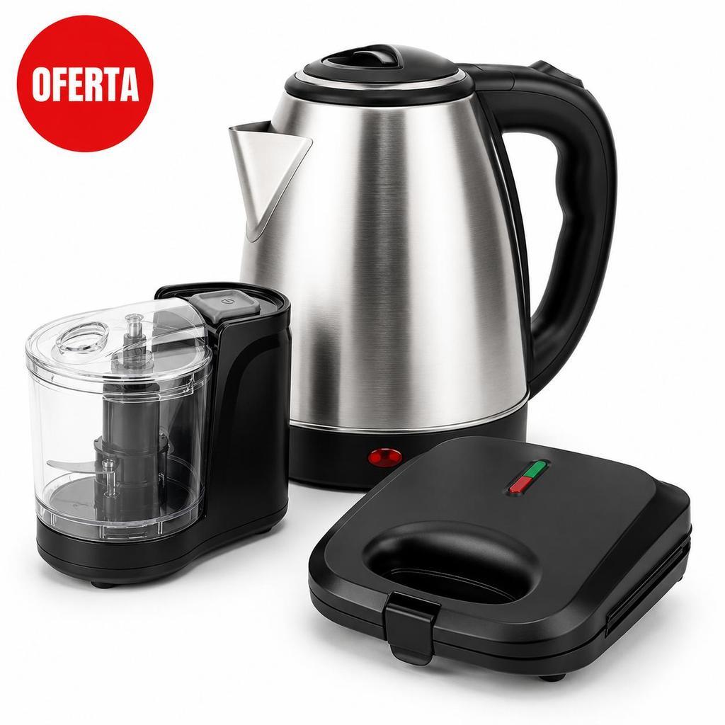 Kit Cozinha 3 em 1 Chaleira Elétrica Inox 2L Mini Processador 350ml Sanduicheira Grill 127V 750W
