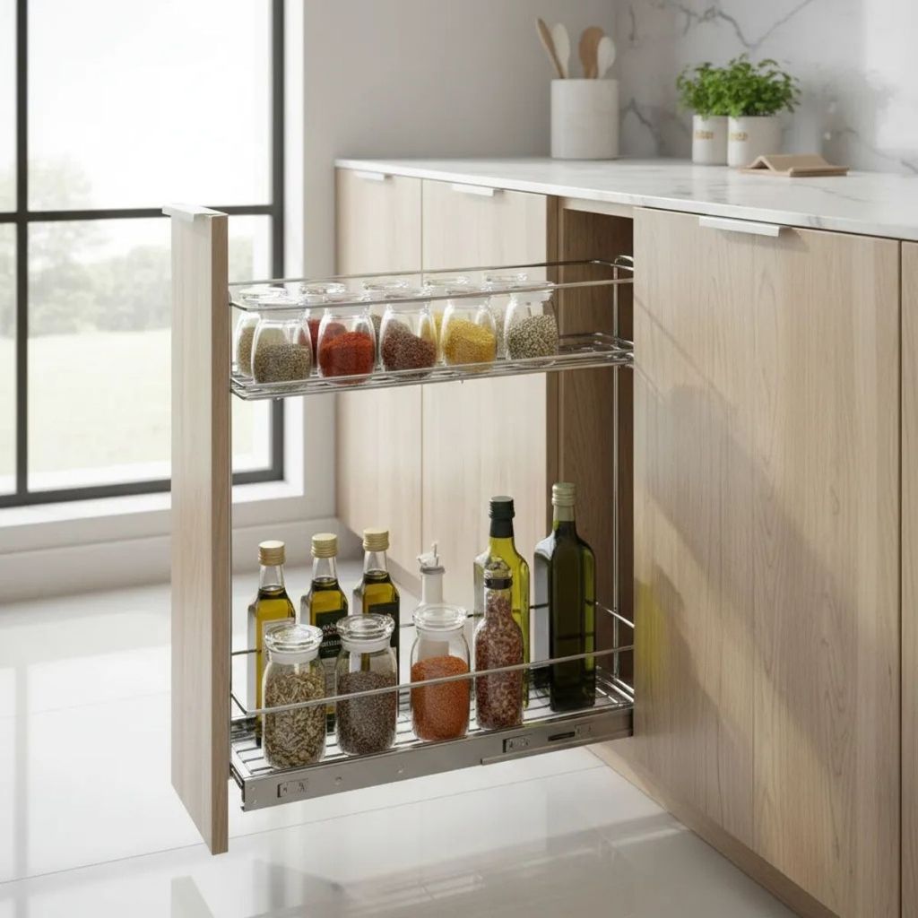 Porta Condimentos E Bandeja Inox Organizador De Temperos Latas Óleo Deslizante Cromado C/ Trilho