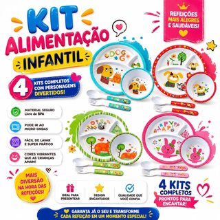 Kit Refeição Alimentação Infantil Papinha p/ Bebê Criança 4 Peças Prato c/ divisórias talheres