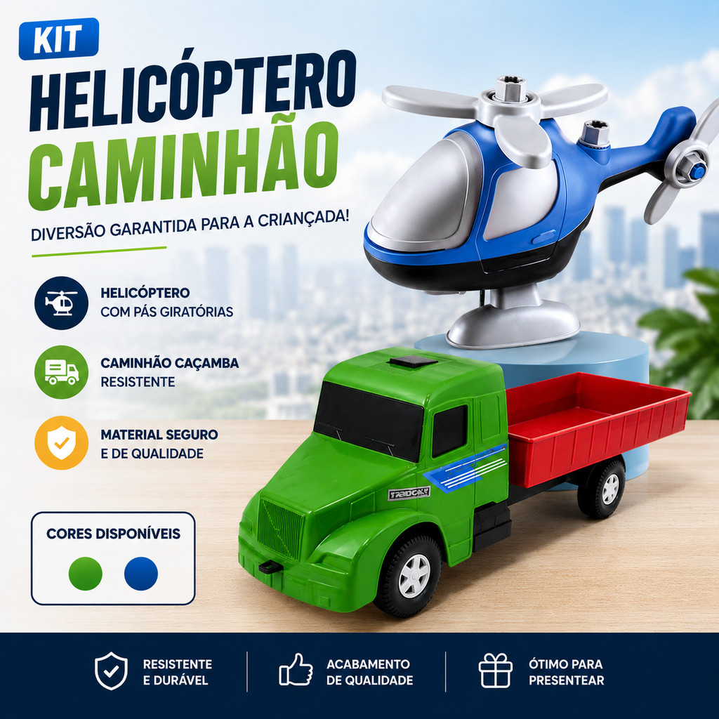 Caminhão Carroceria Helicóptero Brinquedo Infantil Caminhão e Helicóptero Usual Brinquedos