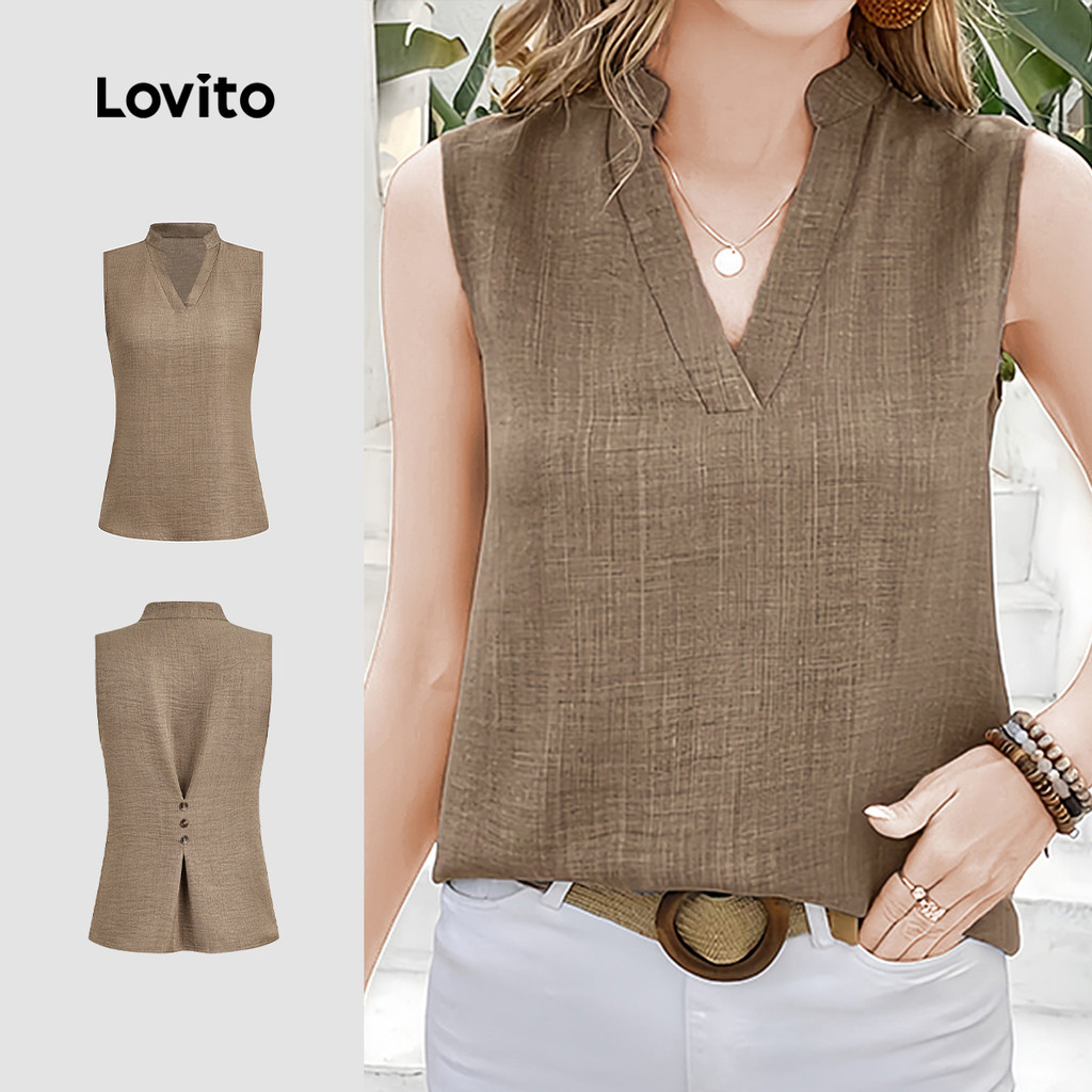 Lovito Plissada Casual Blusa Feminina Plicated com Botão Primavera/verão Caqui L154ED445