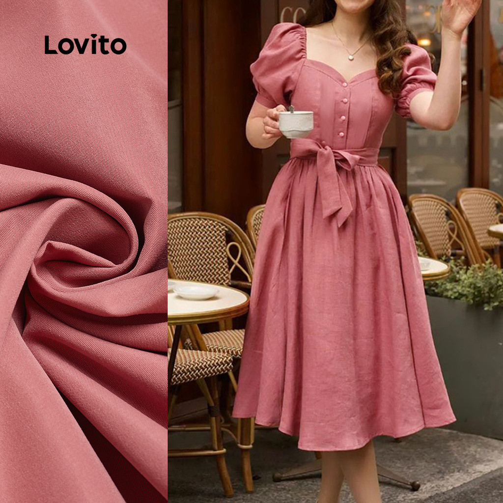 Vestido de cintura estreita com decote quadrado e manga bufante com cadarço-DRB150P2D095 em Oferta na Shopee