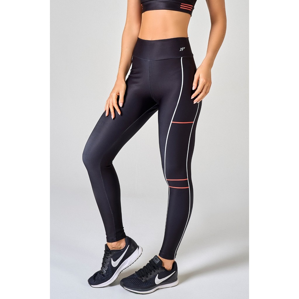 Calça Legging Feminina Fitness Línea Preta Com Linhas Laterais Esportiva Academia Treino Corrida Cintura Alta