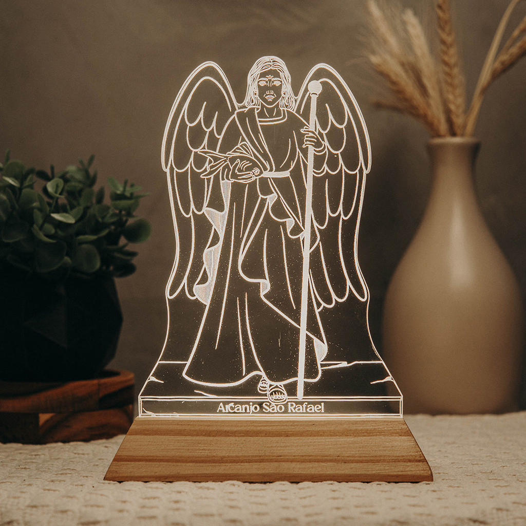 Luminária LED Imagem Arcanjo São Rafael - Presente Troféu Lembrança Mães Avós Bebês Decoração Sala Quarto
