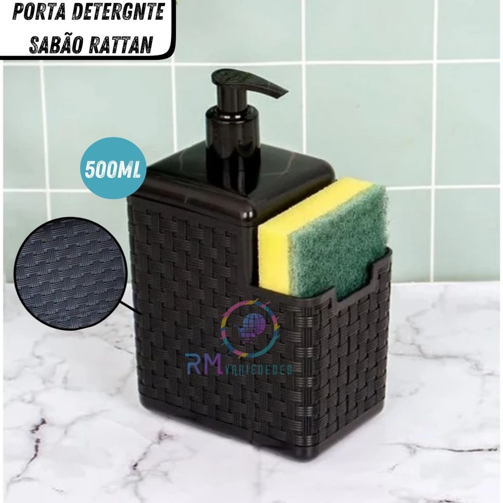 Porta Detergente Sabão 2 em 1 Black Com Suporte Para Bucha Esponja Rattan Arqplast 500ml
