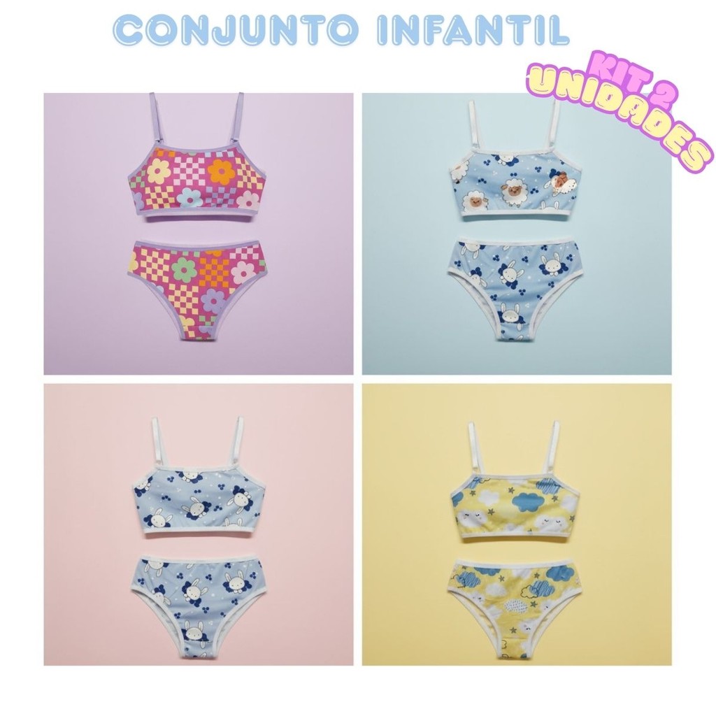 Kit 2 Conjunto Estampado Infantil Menina C/ Top Alça de Regulagem e Calcinha Confortável 5 a 10 Anos