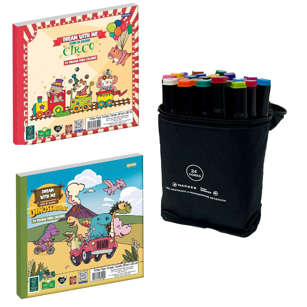 kit Colorir 2 Livros + Marcador 24 Cores Jandaia