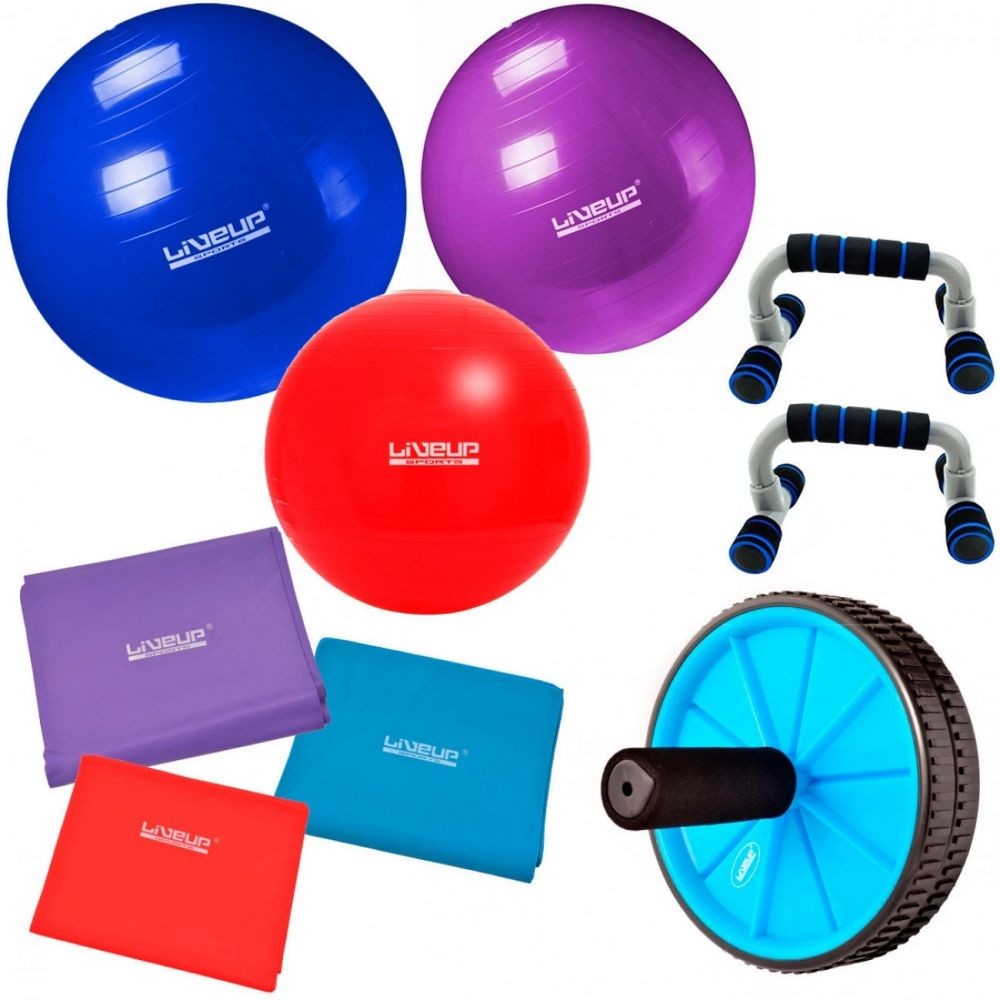 Kit Bolas de 45 + 55 + 65cm e 3 Faixas Elásticas + Apoio Flexão e Roda Abdominal