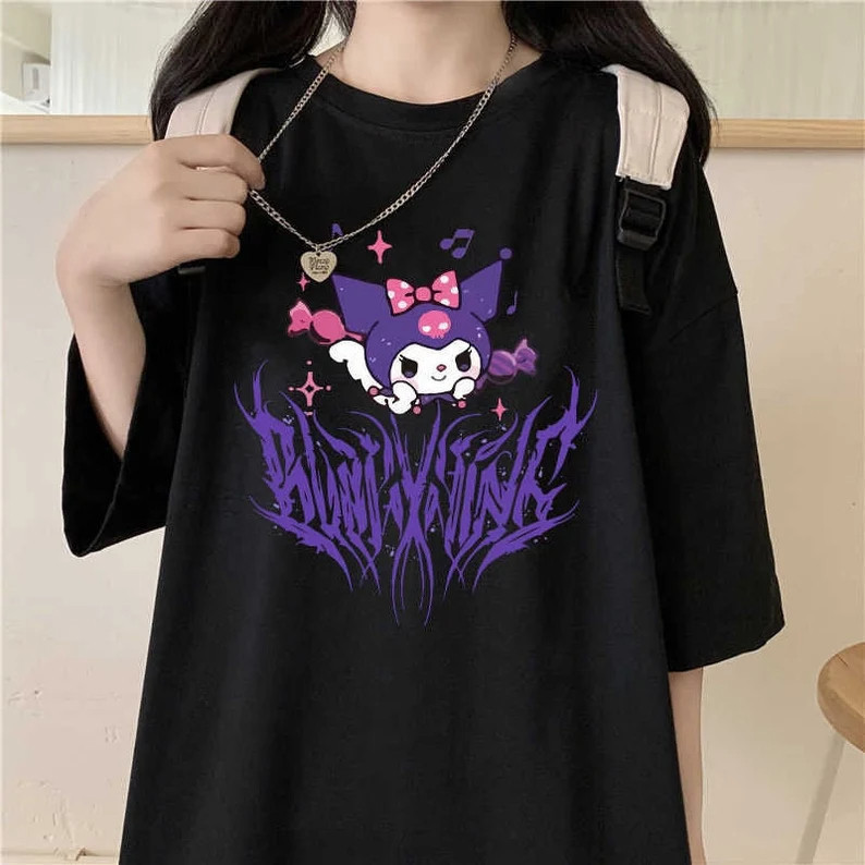 Camiseta Kuromi Unissex Algodão Casual Confort Estilo Streetwear Oversized Moda Divertida bau de tesouro fashion em Oferta na Shopee