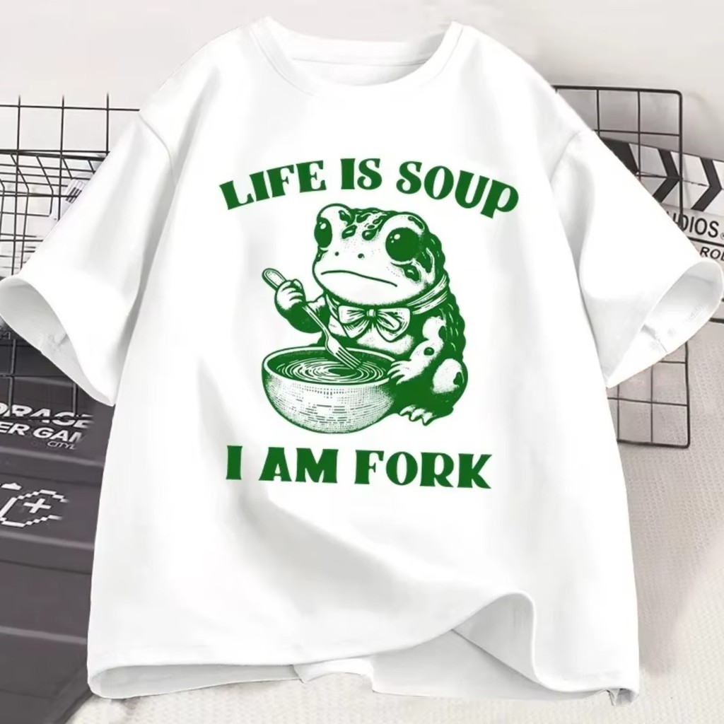 Camiseta Unissex Engraçada Sapo Verão Manga Curta Life Is Soup I Am Fork Casual