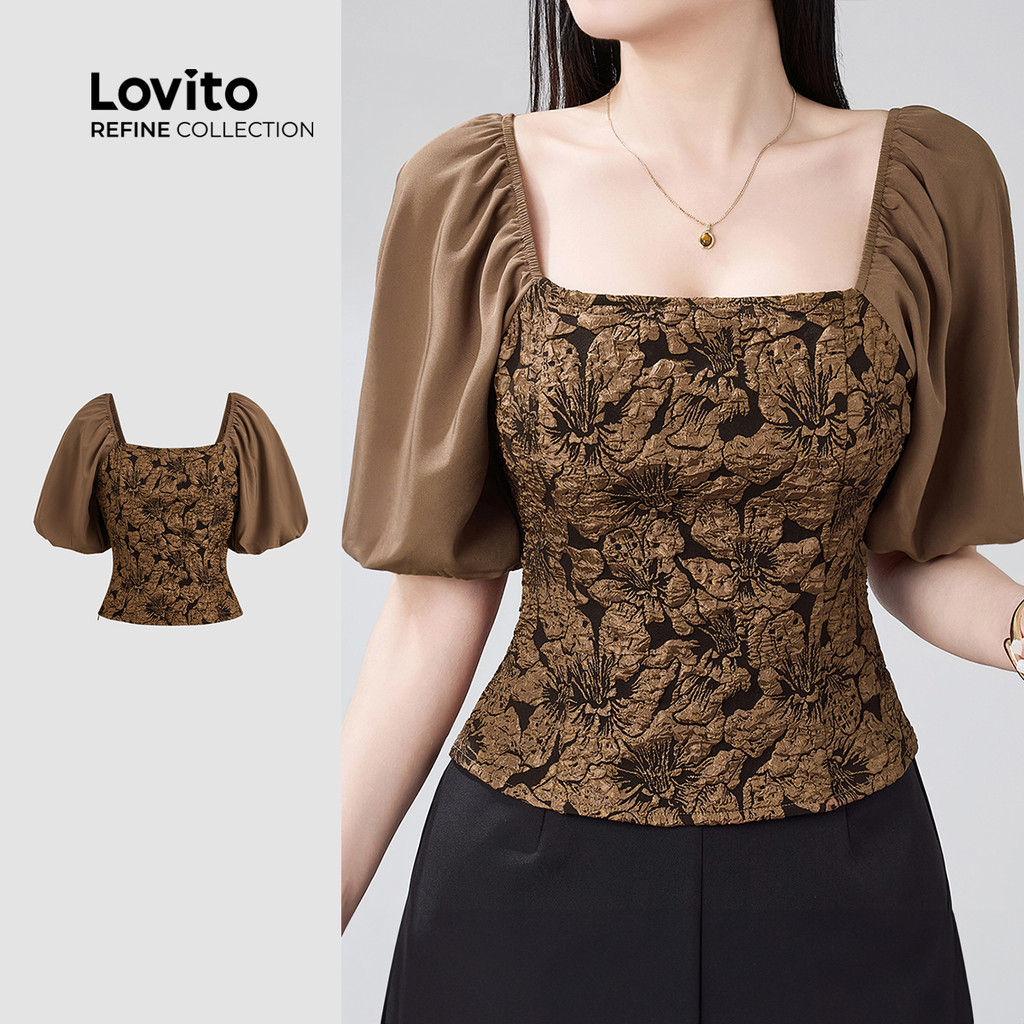 (Lovito Refine) Blusa Casual de Jacquard Costura Primavera/verão Blusa Marrom para Mulheres LR21E211 em Oferta na Shopee