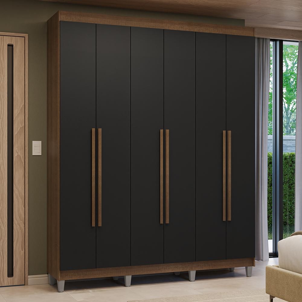 Guarda-Roupa Casal com Pés 6 Portas Batentes Rustic/Preto/Rustic Venus Madesa em Oferta na Shopee
