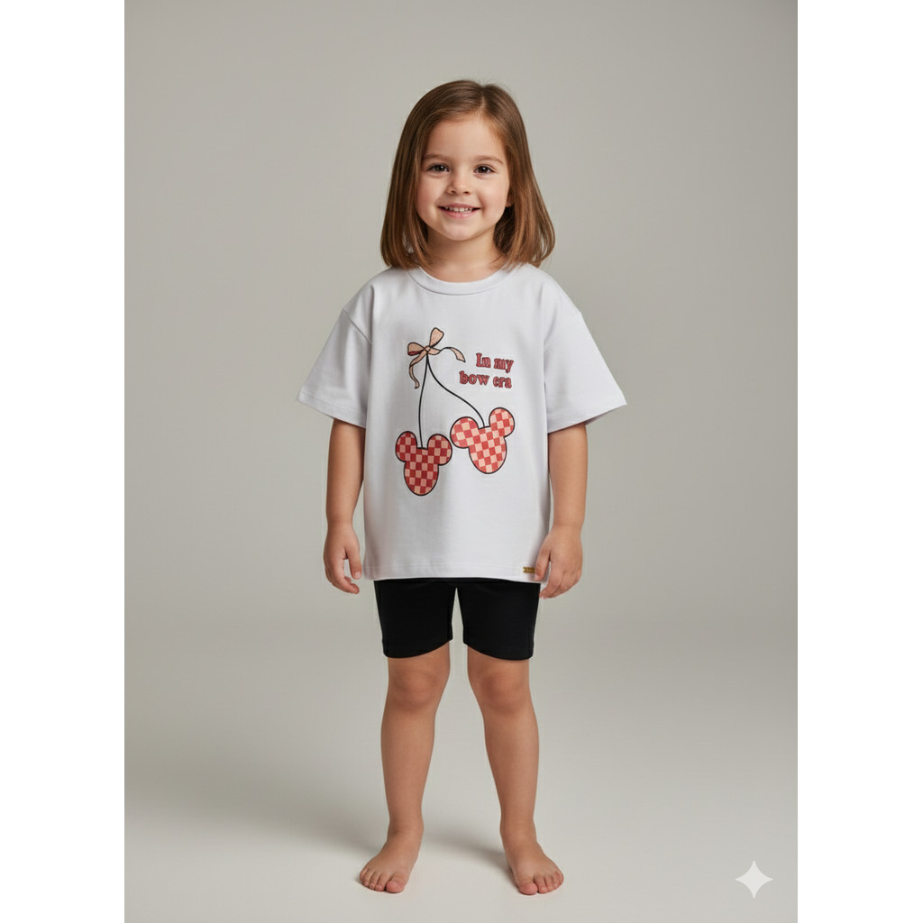 Conjunto Infantil Menina Laços Blusa Cotton Premium Bordada com Strass + Bermuda Ciclista Verão