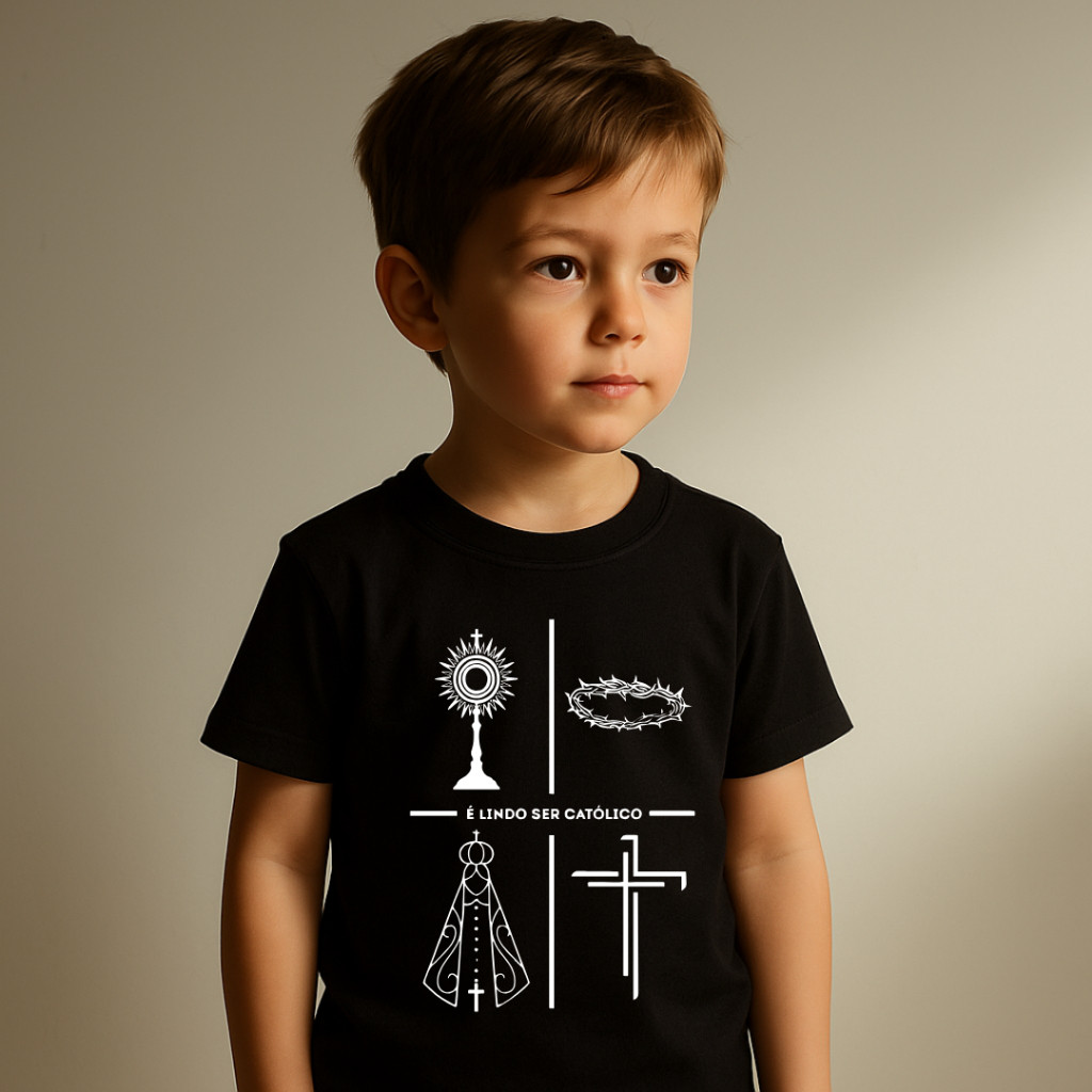 Camiseta Infantil Criança Católica Estampada Minimalista "É Lindo Ser Católico" 100% Algodão Camisa Premium