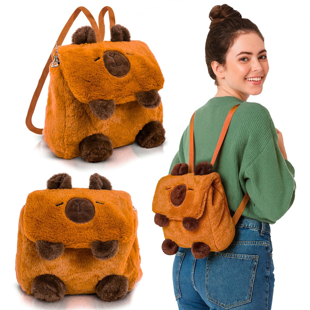 Mochila Capivara Infantil De Costas 2 Em 1 Divertida Pelúcia Macia Bolsa Fofa Juvenil Marrom