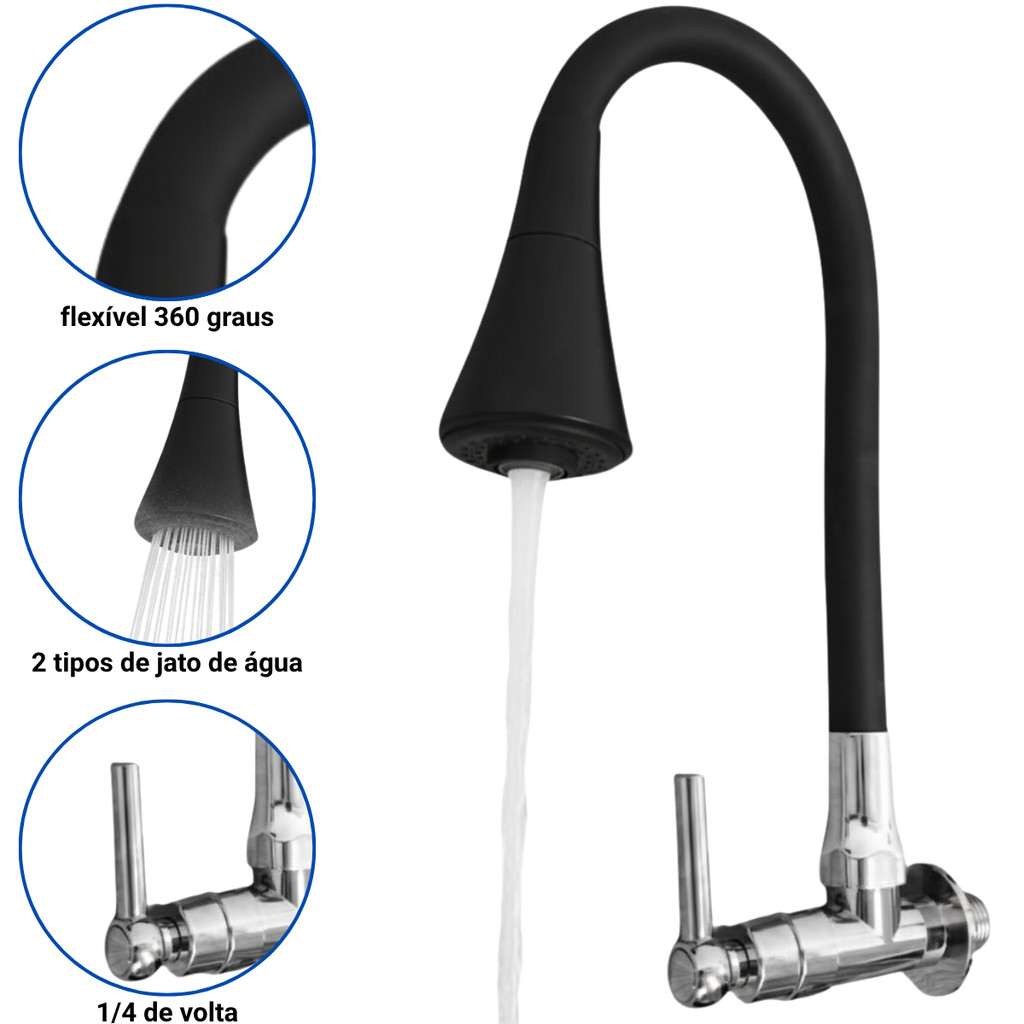 Torneira Gourmet Flexível Cozinha Parede 2 Jatos Preta Fosca