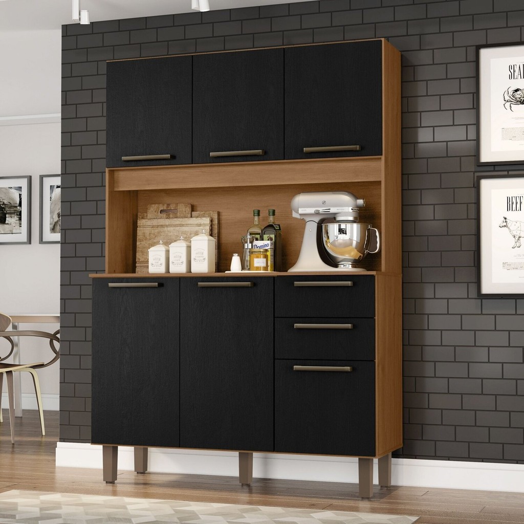 Armário para Cozinha 6 Portas 2 Gavetas 120cm Cinamomo/Preto em Oferta na Shopee