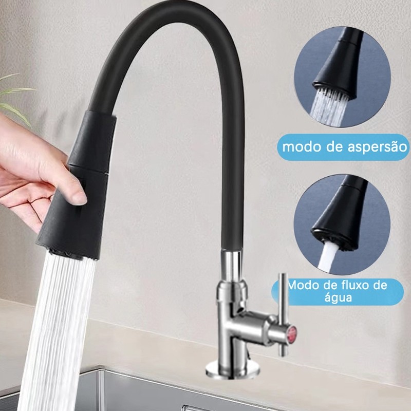 Torneira Gourmet Cozinha Parede Preta Flexível 360° 2 Jatos 1/4 de Volta
