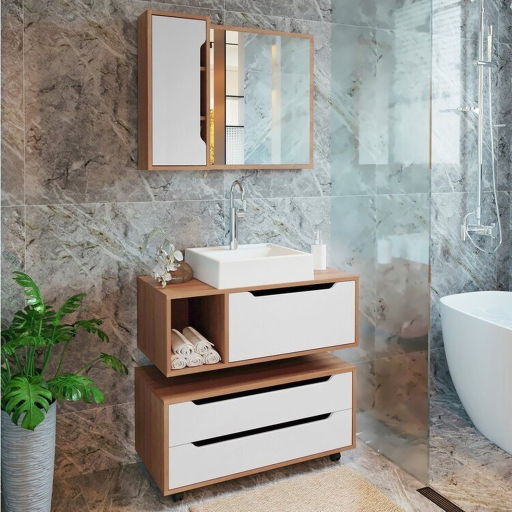 Conjunto de Banheiro com Gabinete Suspenso 1 Gaveta, Espelheira e Armário com Rodízio em Oferta na Shopee